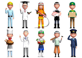 Illustration of 10 different occupational bodies in 3d rendering
