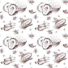 Seamless pattern of pencil illustrations of fragrant spices in vintage style