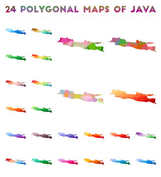 Set of vector polygonal maps of Java. Bright gradient map of island in low poly style. Multicolored Java map in geometric style for your infographics.