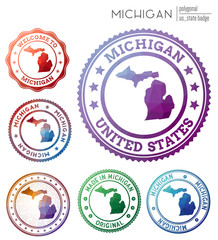 Michigan badge. Colorful polygonal US state symbol. Multicolored geometric Michigan logos set. Vector illustration.