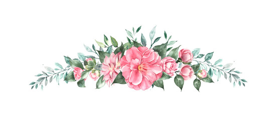 Arrangement of pink camellia flower, Watercolor illustration