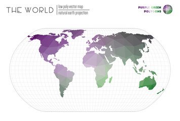 Abstract geometric world map. Natural Earth projection of the world. Purple Green colored polygons. Trending vector illustration.