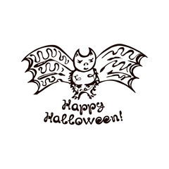 Halloween Hand Drawn Bat with Phrase Isolated on White Background