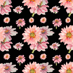 Seamless watercolor hand drawn pattern of pink flower on black background