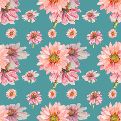 Seamless watercolor hand drawn pattern of pink flower on blue background