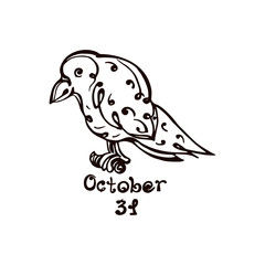 Halloween Hand Drawn Raven with Phrase Isolated on White Background