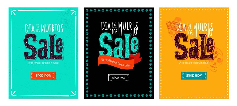 Dia de los muertos sale templates. Set of mobile website social media banners, posters, email and newsletter designs, ads, promotional material. Vector illustrations