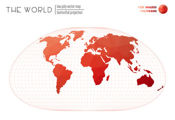 Triangular mesh of the world. Loximuthal projection of the world. Red shades colored polygons. Stylish vector illustration.