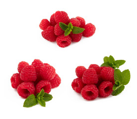 Set of raspberries group. Composition of red raspberries with green mint leaves. Isolated on a white background. 