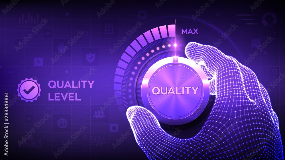 Wall mural quality levels knob button. wireframe hand turning a quality level knob to the maximum position. qua