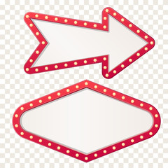 Arrow marquee light board sign. Retro frame arrows with bulb lamps.Vector