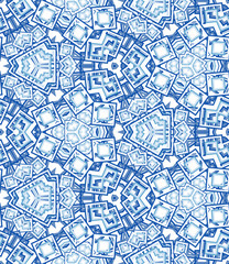 Blue kaleidoscope seamless pattern. Geometric abstraction on white background. Useful as design element for texture and artistic compositions.