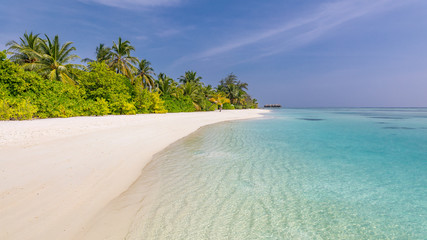 Perfect beautiful beach on Maldives - with white sand, turquoise water, green coconut palms and blue sky with white clouds