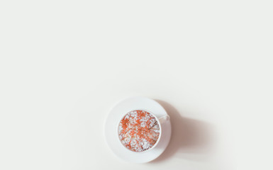 Bright orange leaves in a cup on white background. Flat lay. Place for text.