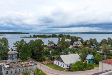 Panoramic view of historical city center and lake Seliger in Ostashkov, Tver region, Russia. Picturesque aerial view of Lake Seliger in Ostashkov.