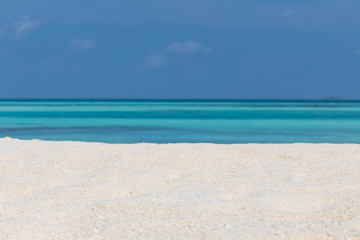 Fototapeta premium Empty beach landscape. Sea sand sky concept. Calmness and loneliness concept of beach view and horizon under blue sky