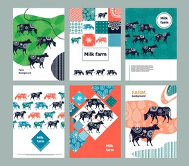 Agricultural brochure layout design. An example of a backdrop for cattle farm. Silhouettes of cows with floral ornament.