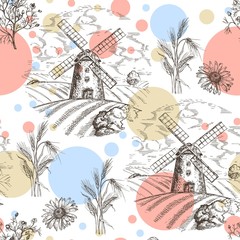 Seamless pattern with old mill and wheat ears. Rustic background.