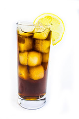 glass cola with icecubes and lemon slice