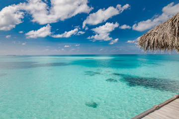 Tropical sea beach with water bungalows on the Maldives. Luxury travel concept