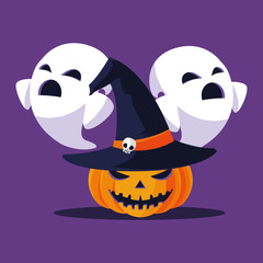 Halloween pumpkin and ghosts cartoons vector design