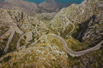 Sa Calobra serpentine road aerial drone photo. Mallorca, Spain.