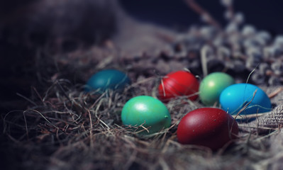 Easter painted eggs on burlap