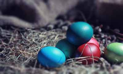 Easter painted eggs on burlap