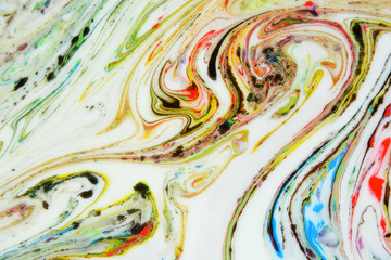 Abstract painting technique Ebru .Turkish style Ebru on the water with acrylic paints press waves.Modern art marble liquid texture