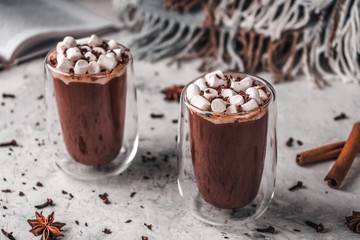 Two glasses of hot cocoa with marshmallows and chocolate chips on a background of scattered cloves, chocolate, star anise and cinnamon, with a book and a blanket in the background