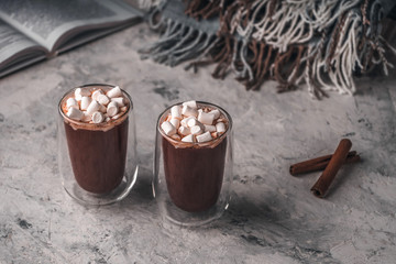 Two glasses of hot cocoa with marshmallow and two sticks of cinnamon on the background of book and blankets