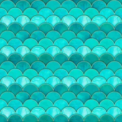 Crédence de cuisine en verre imprimé Turquoise Modèle sans couture japonais de vague d& 39 écailles de poisson sirène