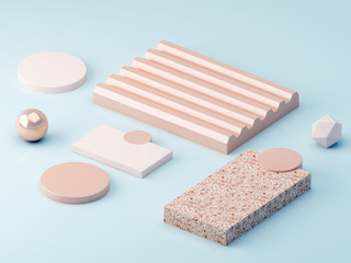 3d render. Minimal scene in pastel colors with podium and textured platforms. Geometrical forms in blue pastel color background. Trendy scene to show cosmetic products. Empty mock up, show case. 