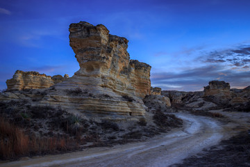 Castle Rock State Park, KS USA - The Blue Hour at the Dirt Road Limestone Formations at the Castle Rock State Park