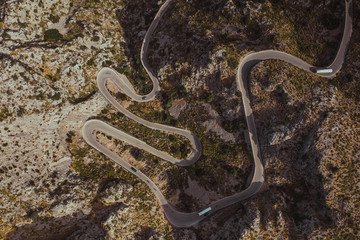Mallorca serpentine road on way to Sa Calobra, Aerial drone photo.