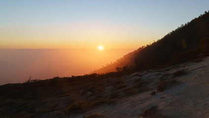 Amazing Sunrise on on the mountain  Ijen  Java ,Indonesia.
