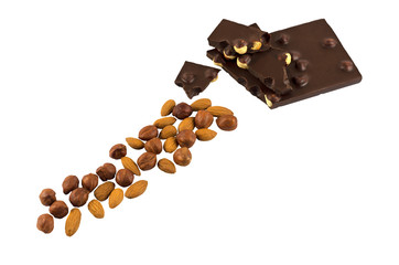 Hazelnuts and almond nuts with chocolate isolated on white background