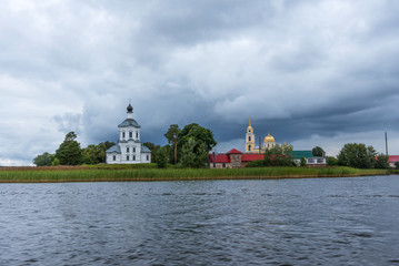 Picturesque view of Nilo Stolobensky Monastery on Lake Seliger, Tver region, Russia. Panoramic view of Nilo Stolobensky Monastery, Tver region, Russia.