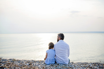 Rear view of father and small daughter on a holiday sitting by the lake.