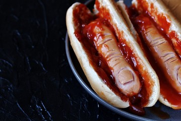 Hot Dog for Halloween. a hot dog sausage in a severed finger in abundance ketchup as blood. Food...