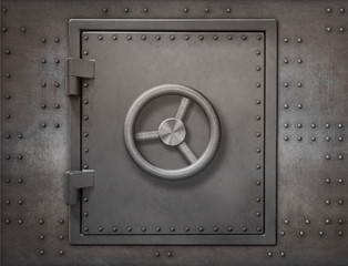 Bank vault or bunker door on metal wall 3d illustration