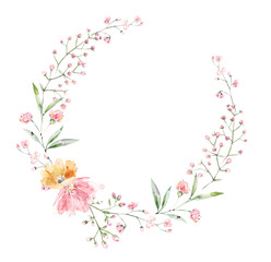 wreath flowers of pink color and sprigs of eucalyptus.