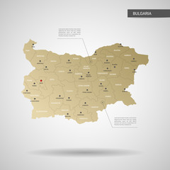 Stylized vector Bulgaria map.  Infographic 3d gold map illustration with cities, borders, capital, administrative divisions and pointer marks, shadow; gradient background.