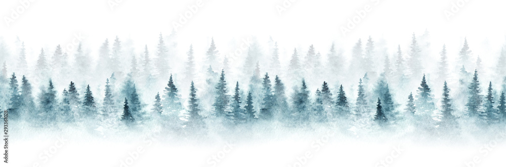 Wall mural seamless pattern with foggy spruce forest. fir trees isolated on white background.