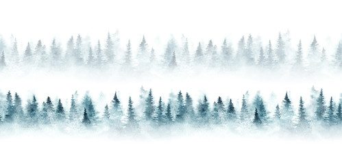 Seamless pattern with foggy spruce forest. Fir trees isolated on white background.