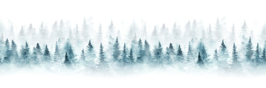 Seamless pattern with foggy spruce forest. Fir trees isolated on white background.