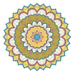 Decorative colorful ethnic mandala pattern. Design element for greeting card, banner or poster in oriental style. Hand drawn illustration