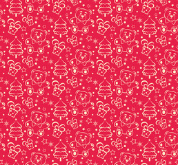 Christmas pattern in retro style. Christmas celebration. Wrapping paper design. Holiday red seamless background with teddy bear. Christmas tree and snowflakes. Vector graphics