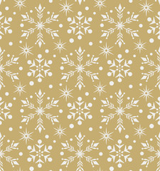 Snowflake seamless pattern. Christmas pattern in vintage style. Textile design texture. Gold color. Wrapping paper design. Vector image