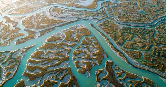 Flying over abstract salty expanses, along the coastline overlooking a beautiful landscape full of green colors - aerial view with a drone - landscape and graphic concept 4K
